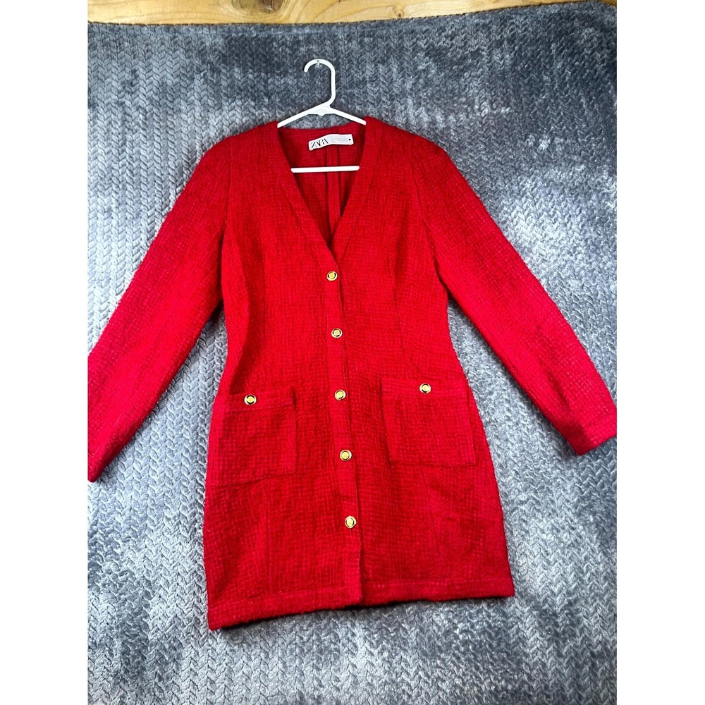 Zara Tweed Dress Womens Medium Red Textured Long Sleeve Pockets Button Front